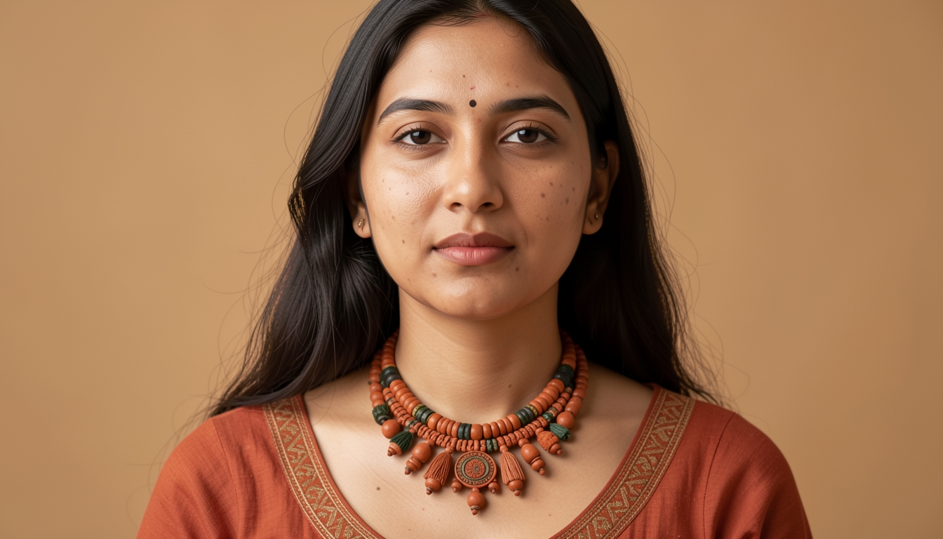 Handcrafted terracotta and fabric jewellery laid on natural linen