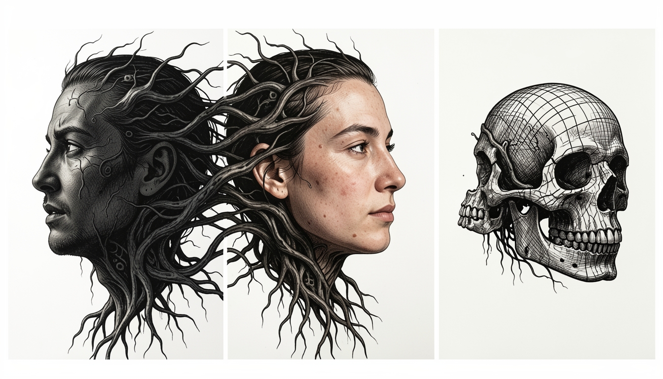 The Metamorphosis Triptych — dark surrealist ink illustration