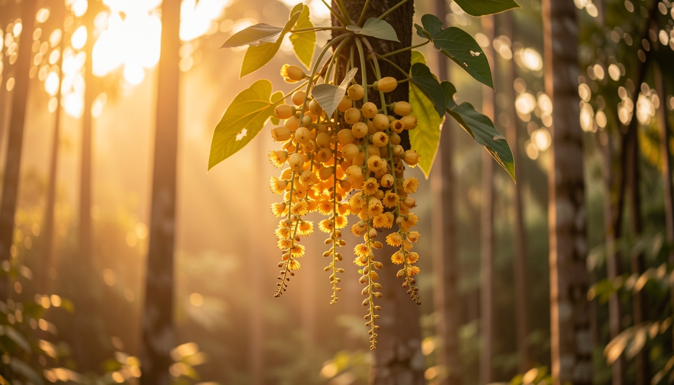 Mahua flowers glowing on a forest tree at golden hour