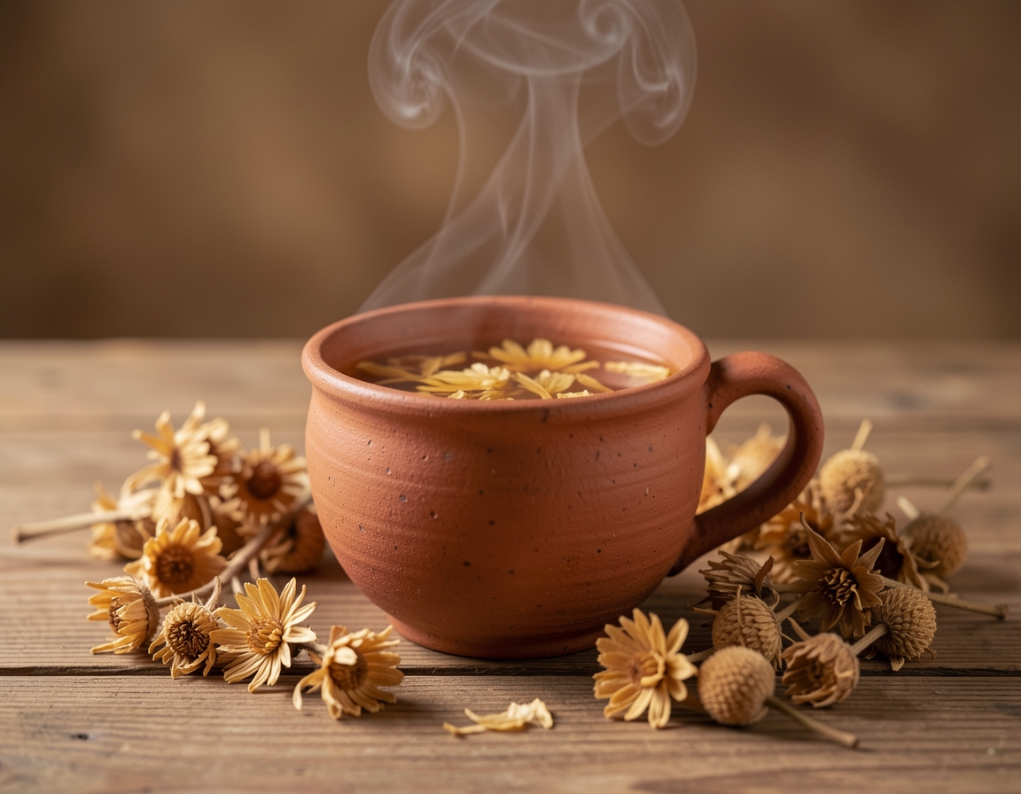 A clay cup of mahua tea on a wooden table