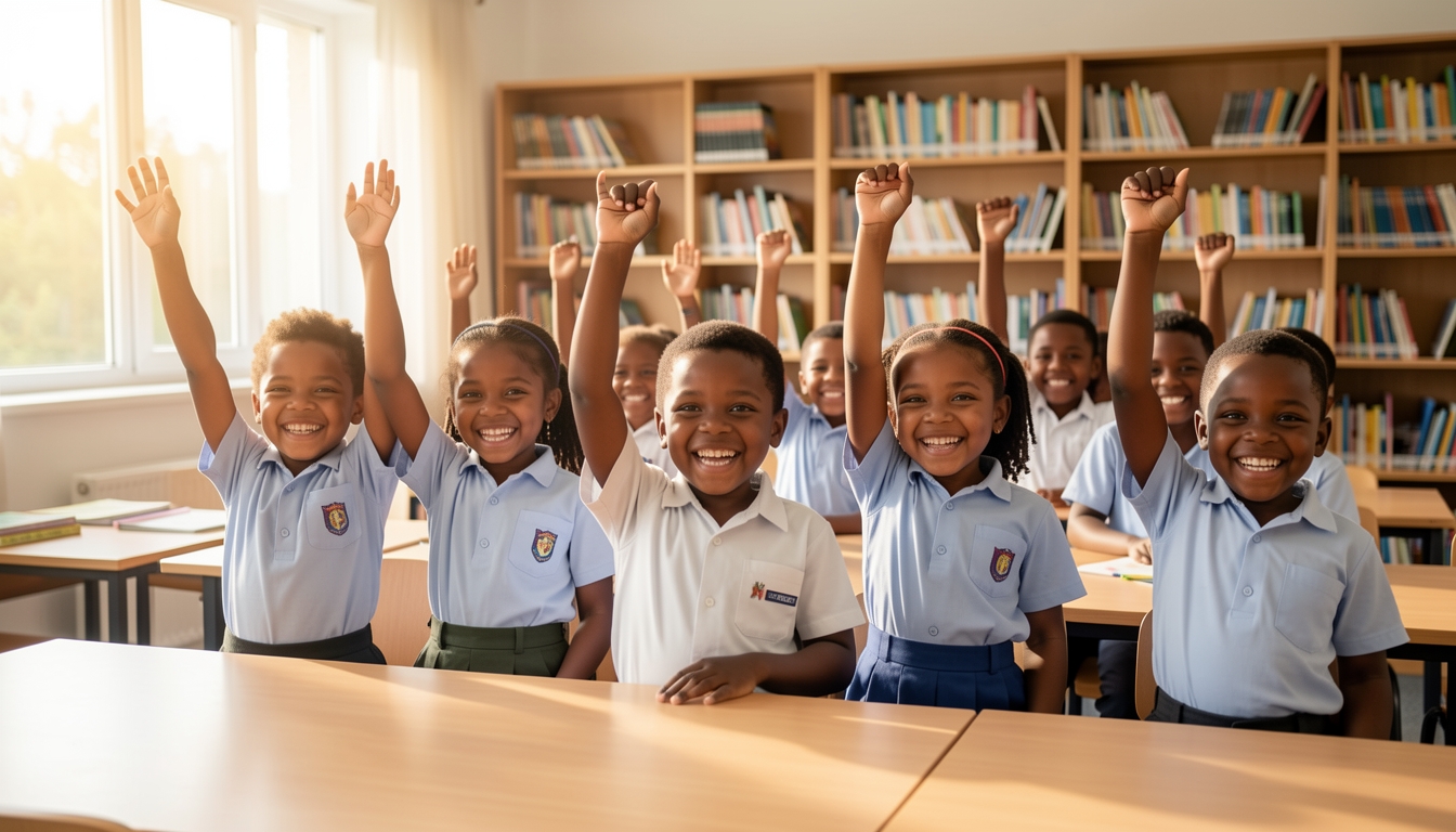Happy students in a bright classroom