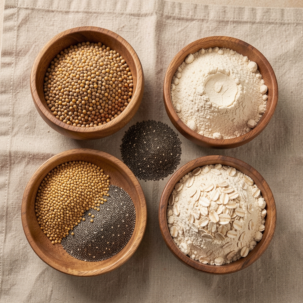Organic millets arranged on dark wood