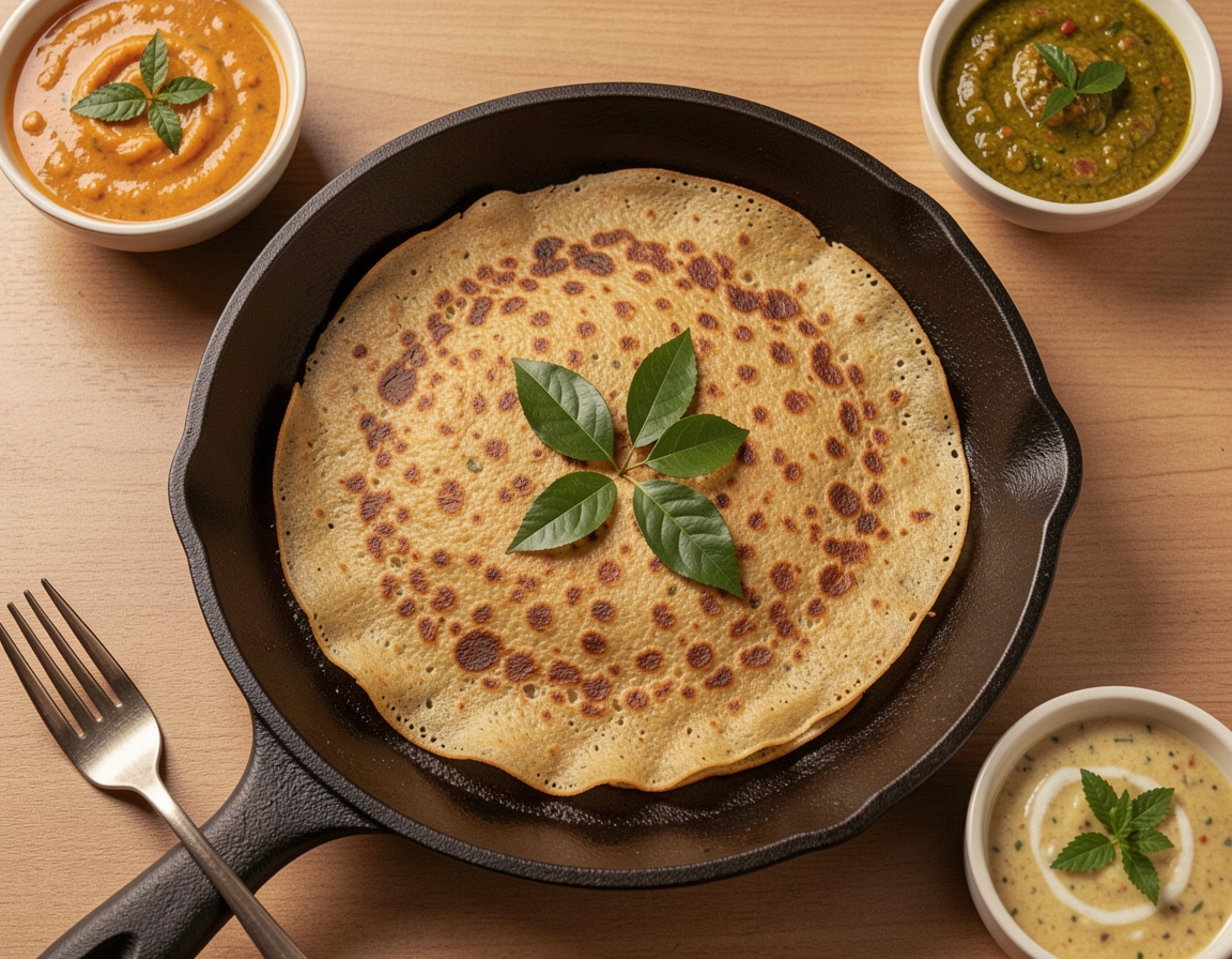 Ragi dosa cooking on a cast iron tawa