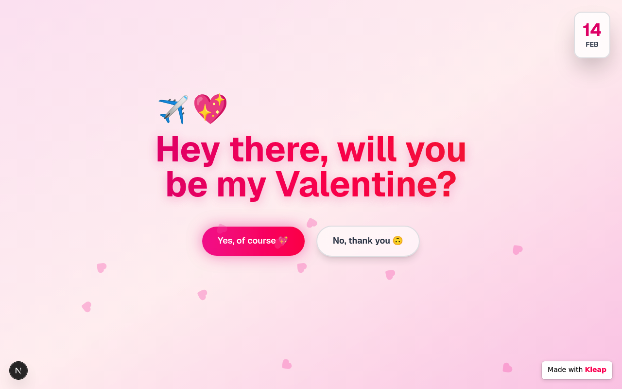 Hey there, will you be my Valentine website example