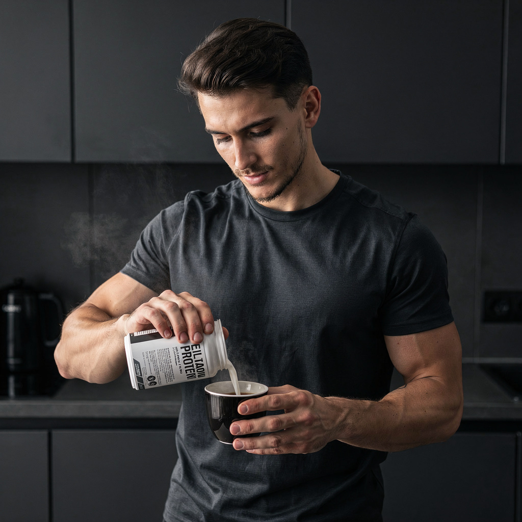 Athletic man stirring powder into coffee