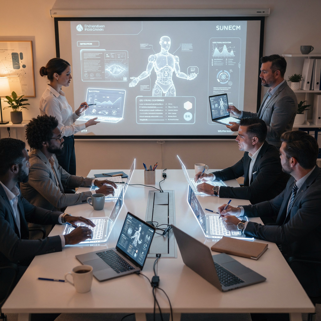Professional team collaborating with AI document assistant on screen