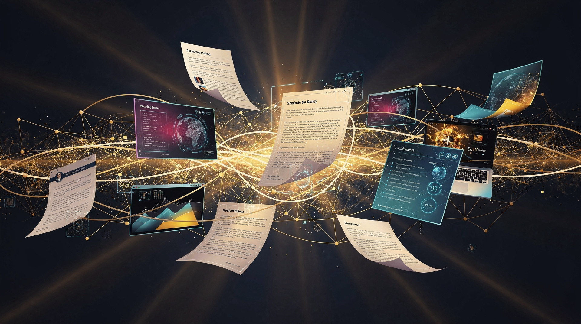 AI analyzing and connecting documents with neural network visualization