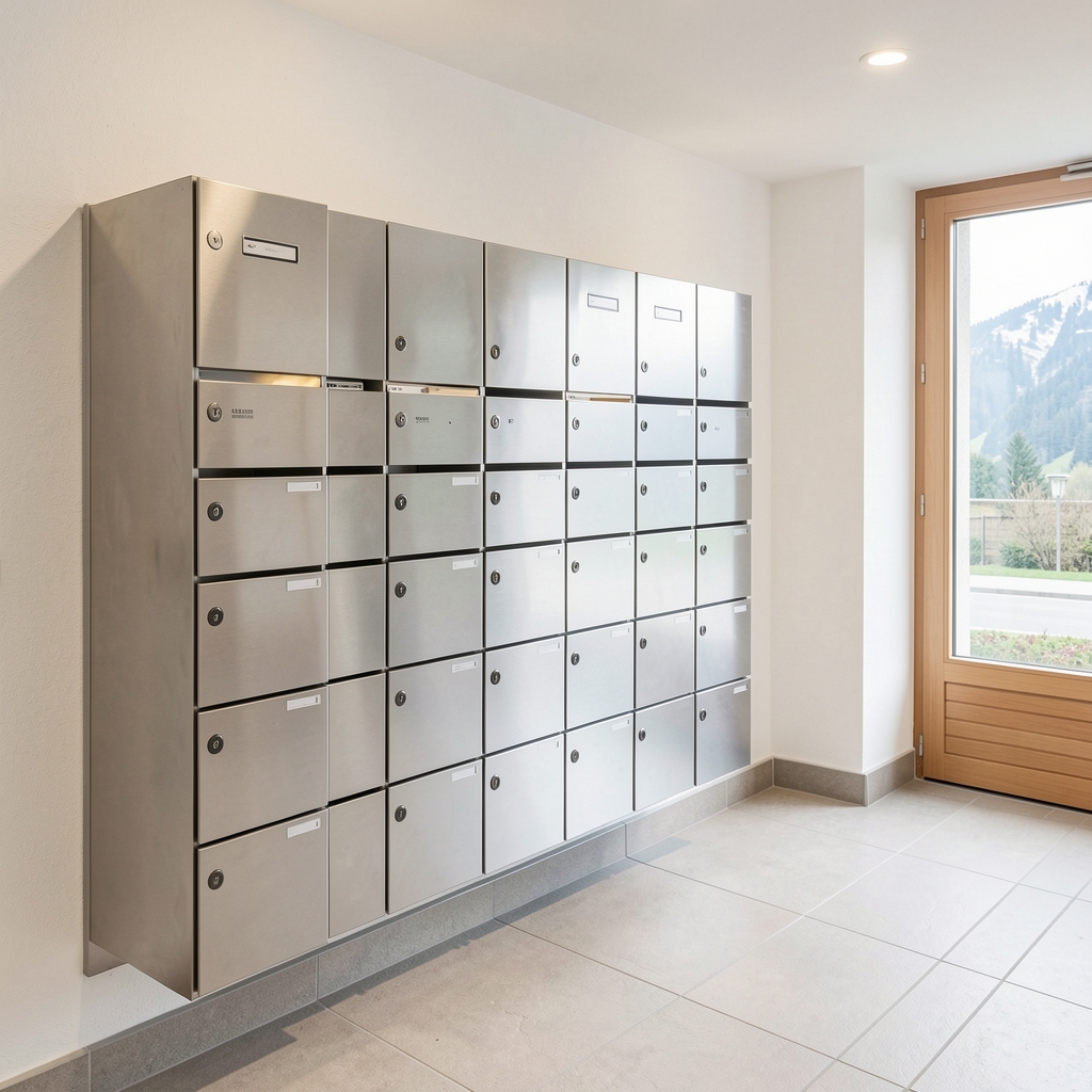 Batterie de boîtes aux lettres collective conforme posée dans le hall d'un immeuble en Suisse romande